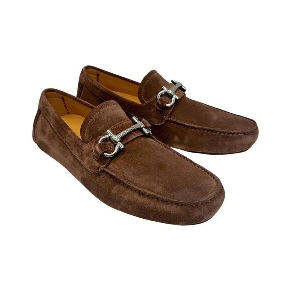 Salvatore Ferragamo Men's Parigi Eco Driver Suede Loafers Gancini Bit Brown 8 - Picture 3 of 10